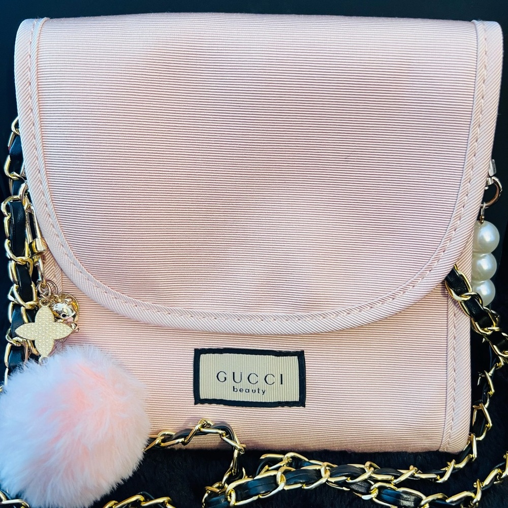 Gucci Pink Satin Chain Crossbody with Pom Pom Charm - Picture 3 of 11